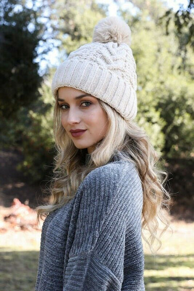 Off White Cream Cable Knit Round Pompom Fleece Lined Beanie Womens Winter Hat