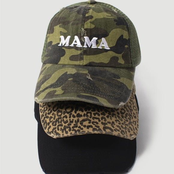 Mama Embroidered Leopard Animal Print Distressed Baseball Hat Cap w/ Mesh Back