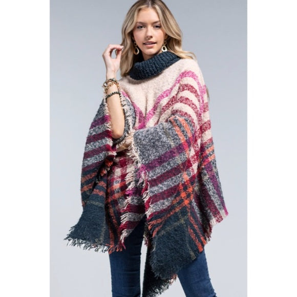 Kansas Soft Boucle Knit Yarn Dye Plaid Turtleneck Poncho Womens Winter One Size