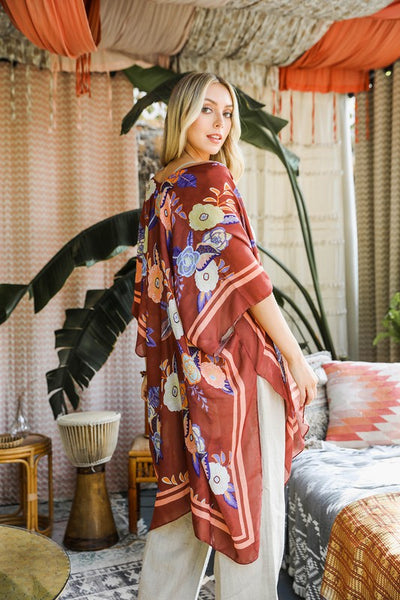 Rust Blooms Floral Wallflower Spring Kimono Wrap Coverup Casual Women's Top