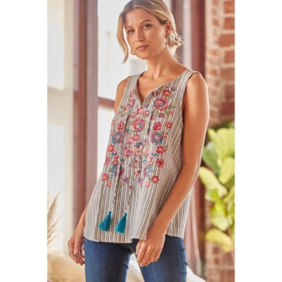 Denim Striped Embroidered Floral Sleeveless Tassel Tie Relaxed Boho Blouse
