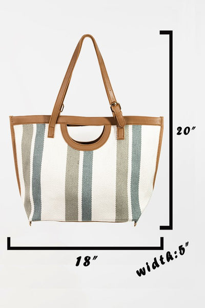 Green Striped Faux Leather Trim Tote Bag