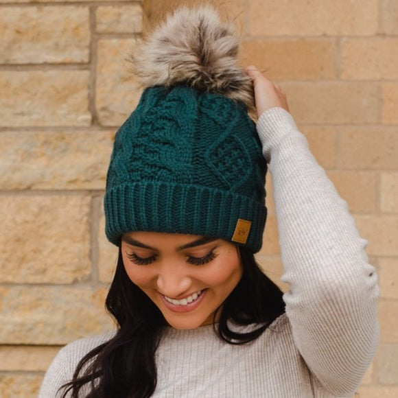Teal Cable Knit Beanie Hat w/ Faux Fur Pompom Casual Winter Womens One Size