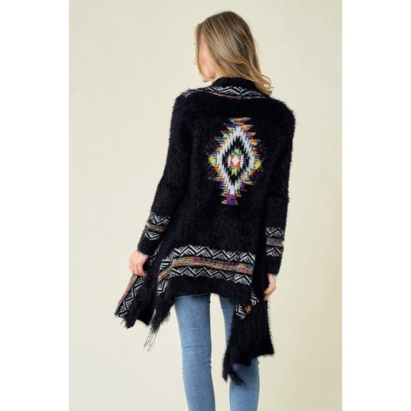 Black Fuzzy Eyelash Fringe Rainbow Aztec Pattern Open Knit Cardigan Sweater