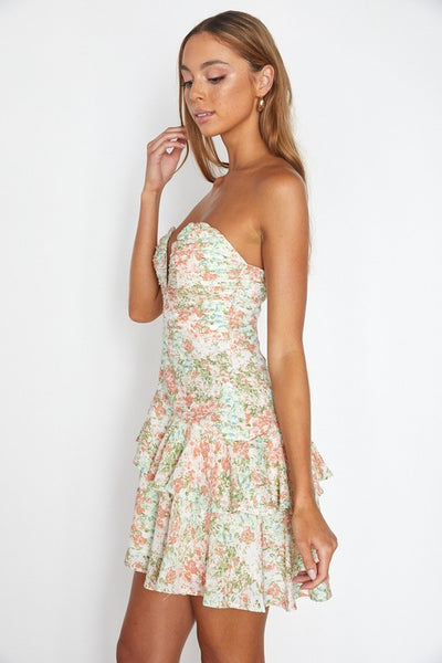 Floral Strapless Sweetheart Asymmetrical Layered Cocktail Mini Dress