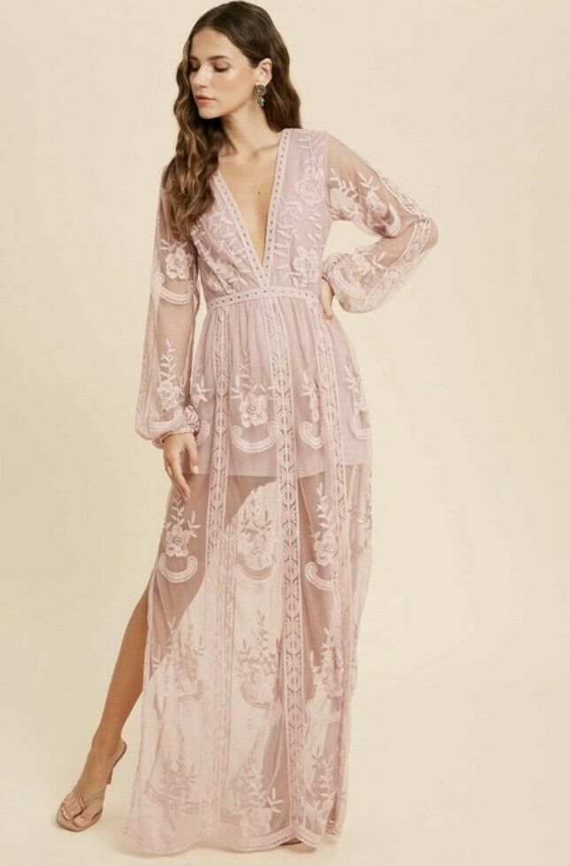 Romantic Light Mauve Floral Crochet Lace Long Sleeve Maxi Boho Dress Womens