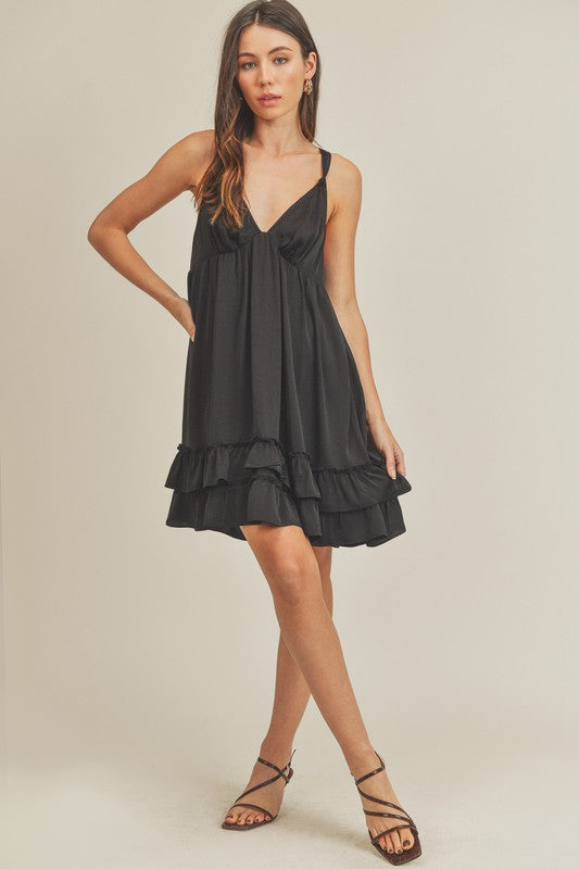 Sonia - Black Tiered Ruffled Hem Flirty Slip Mini Dress