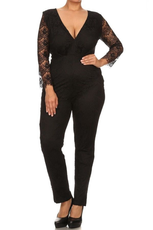 Plus Jumpsuit Lace Long Sleeve Cut Out Open Back Solid Black Ivory Sexy