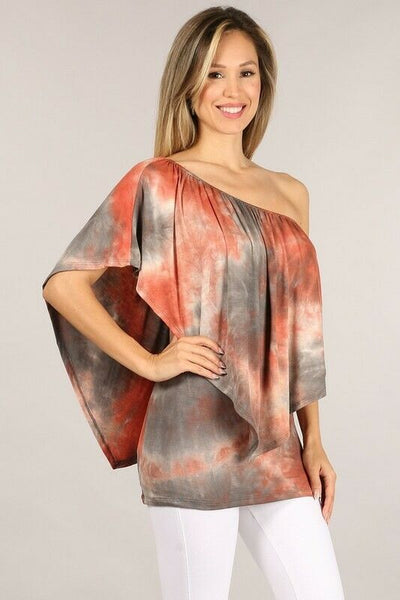Rust Gray Tie Dye Boho Convertible Off One Shoulder Womens Casual Top
