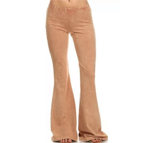 Camel Boho Mineral Wash Flared Stretch Pants Casual Womens