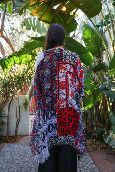 Red Boho Patchwork Floral Bohemian Kimono Wrap Coverup Open Top Casual Spring