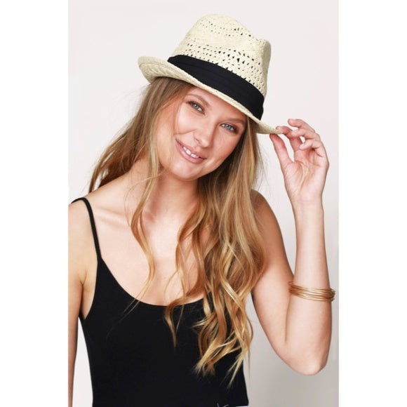 Natural Black Tucked Ribbon Woven Spring Summer Fedora Womens Hat