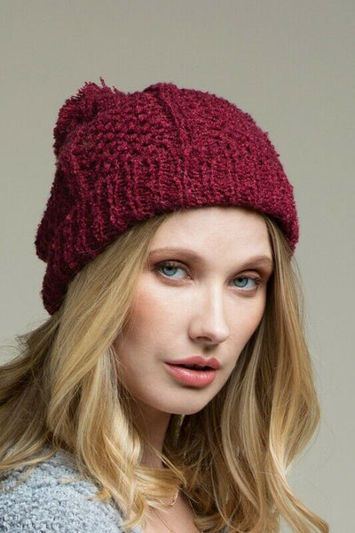 Burgundy Soft Knit Textured Pompom Beanie Womens Winter Hat