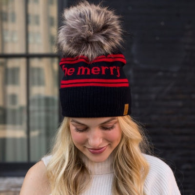 Black & Red Be Merry Cuffed Knit Faux Fur Pompom Winter Womens Beanie Hat
