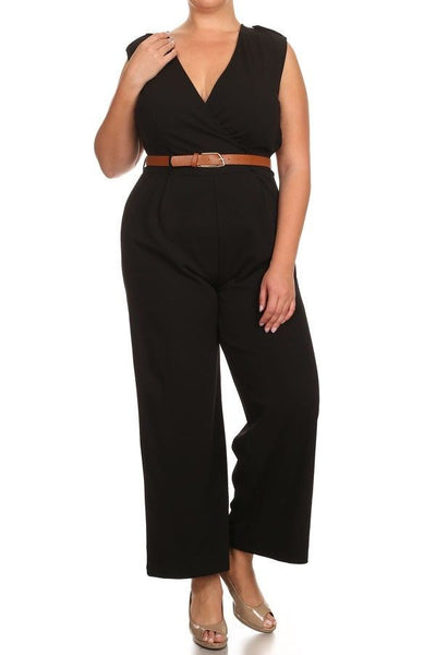 Jumpsuit Black Sleeveless Belt Wrapped Women Pants Pleated Sexy Belted