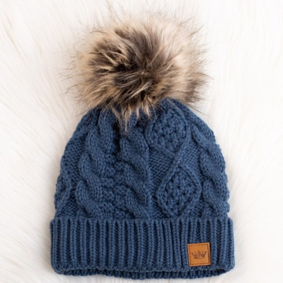 Steel Blue Cable Knit Beanie Hat w/ Faux Fur Pompom Casual Winter Womens One Size