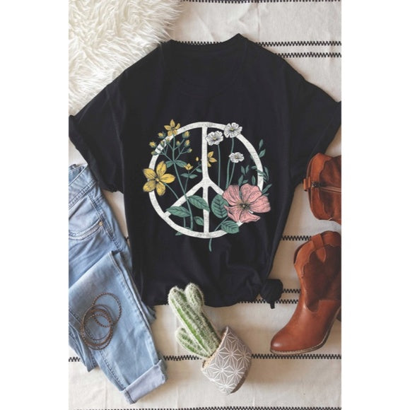 Black Boho Floral Peace Sign Graphic Oversized Womens Tee T-Shirt