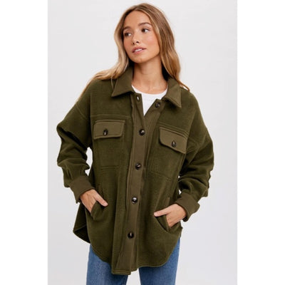 Olive Green Button Front Fleece Jacket W/ Elbow Patches & Pockets Winter Shacket