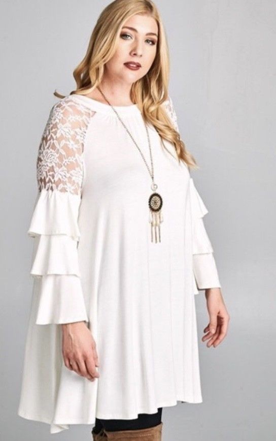 Plus Dress Ivory Lace Tiered Bell Long Sleeve Casual Cocktail Dress