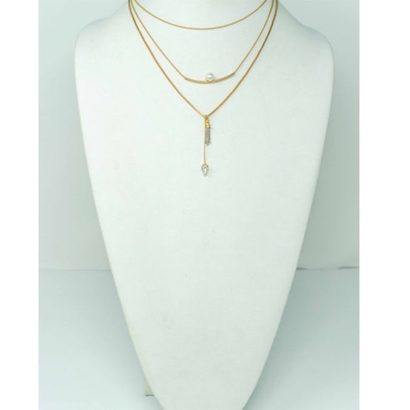 Gold Pearl Tassel Rhinestone Layer Necklace