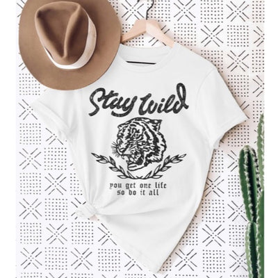 White Stay Wild One Life Tiger Graphic Unisex Tee Casual T-Shirt Womens