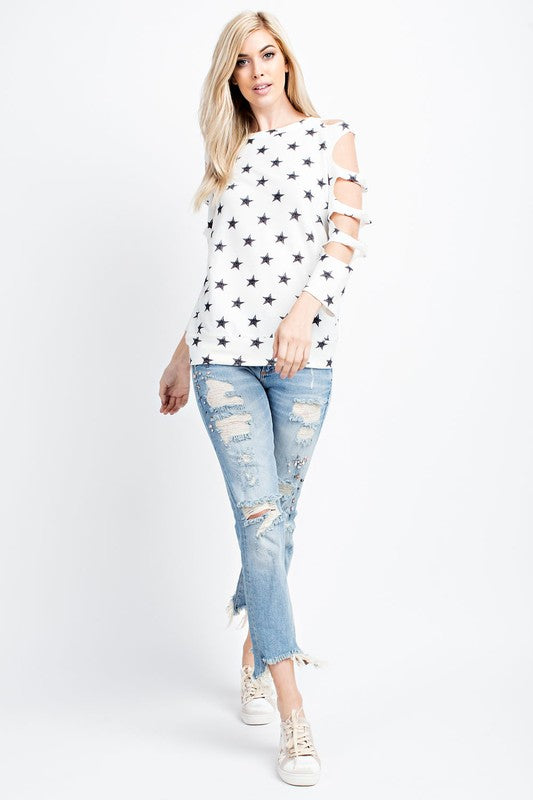 Star Print Top Open Cold Shoulder Long Sleeve White Black Casual