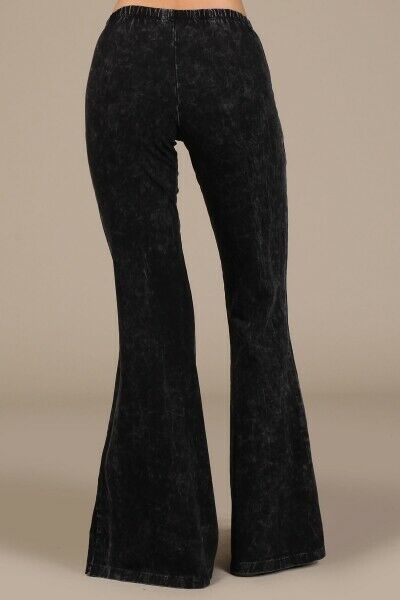 Black Boho Mineral Wash Flared Bell Bottom Stretch Pull On Pants Womens