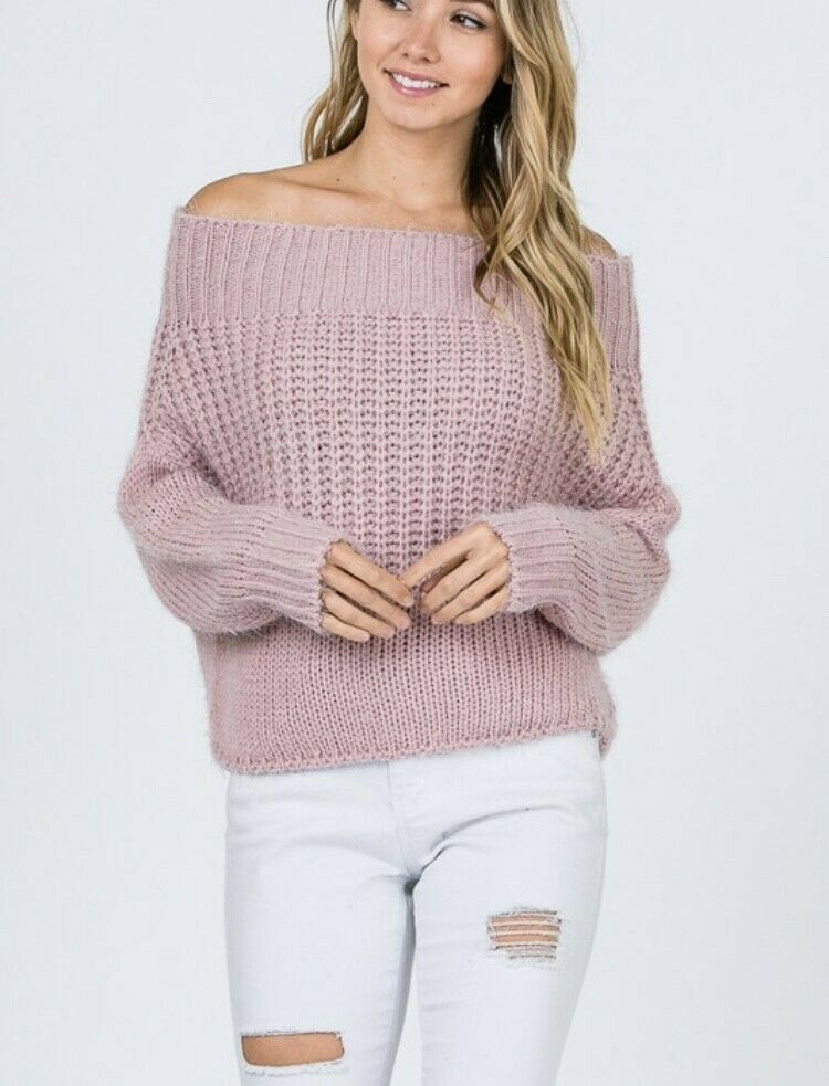 Blush Pink Off Shoulder Knit Long Sleeve Sweater Womens Casual