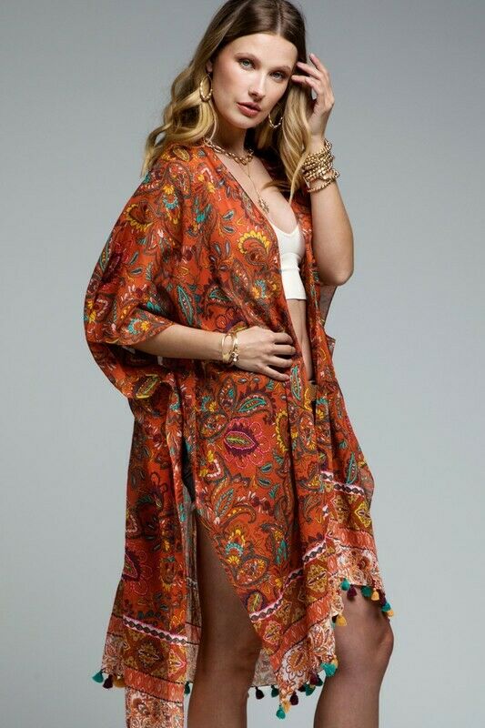 Vintage Rust Intricate Jacobean Tassel Bohemian Kimono Wrap One Size Womens