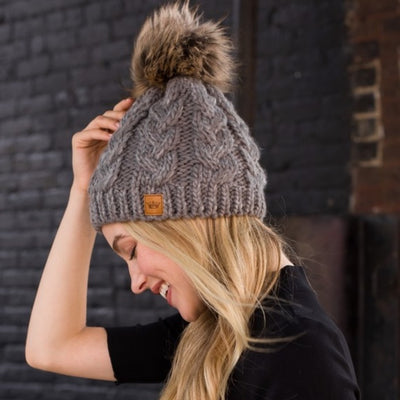 Gray Cable Knit Faux Fur Pompom Beanie Fleece Lined Women's Winter Hat