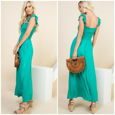 Green Smocked Pockets On Off Shoulder Maxi Dress Casual Womens