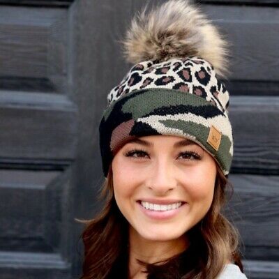 Leopard & Camo Fleece Lined Faux Fur Pom Winter Beanie Hat Womens