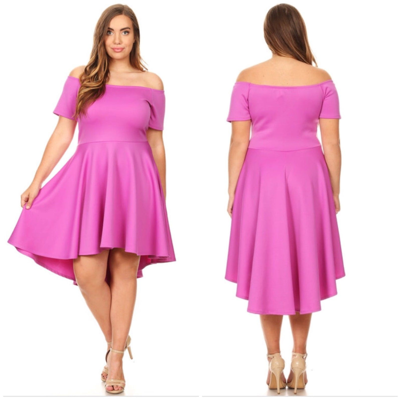 Plus Pink Dress Off Shoulder Hi Lo Short Sleeve Solid Cocktail Sexy Party