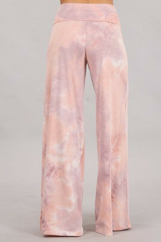 Lilac Mauve Tie Dye Wide Leg Palazzo Relaxed Fit Foldover Waist Lounge Pants