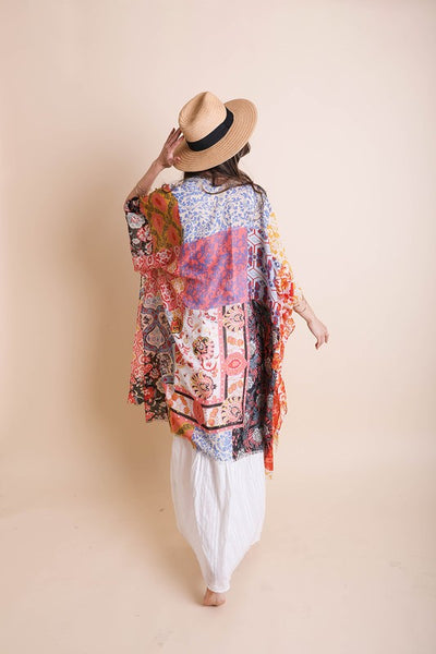 Sky Blue Boho Patchwork Floral Bohemian Kimono Wrap Coverup Open Top Casual Spring