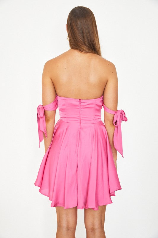 Hot Pink Satin Off Shoulder Sweetheart Fit & Flare Cocktail Mini Dress