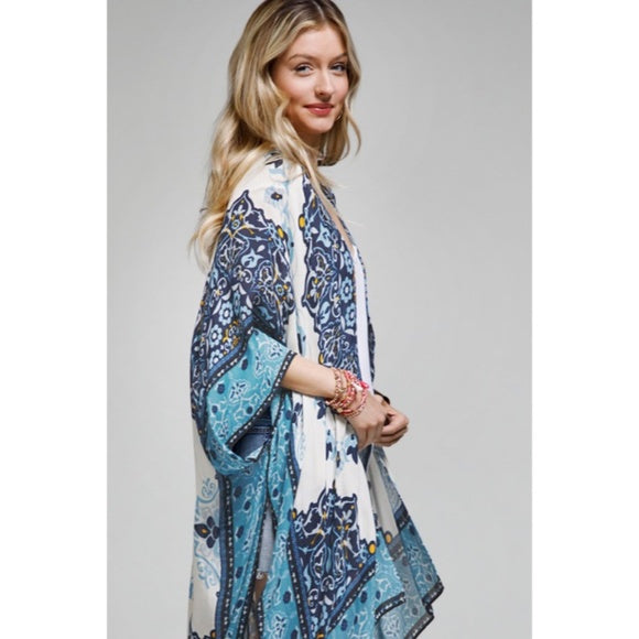 San Jose Blue Intricate Mandala Floral Bohemian Open Kimono Wrap Coverup