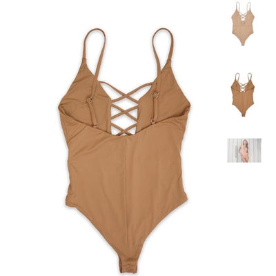 Mocha Caged Front Moderate Coverage One Piece Beige Swimsuit
