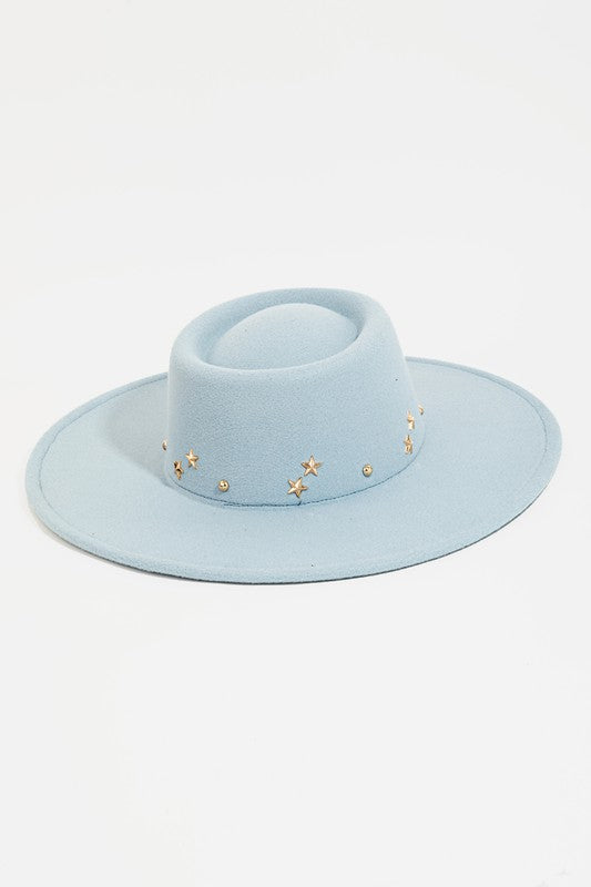 Light Blue Gold Star Studded Fedora Western Bohemian Festival Hat