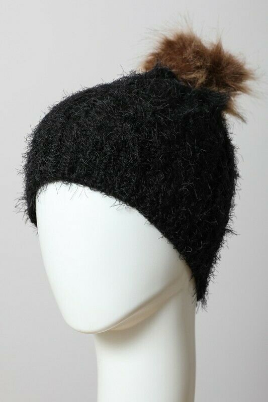 Black Faux Mohair Soft Knit Faux Fur Pompom Winter Womens Beanie Hat