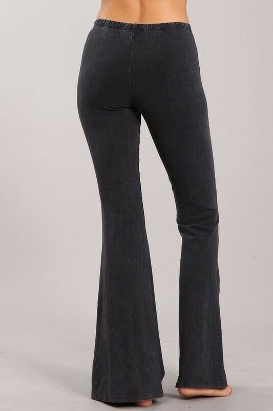 Dark Gray Boho Mineral Wash Flared Bell Bottom Stretch Pull On Pants Womens