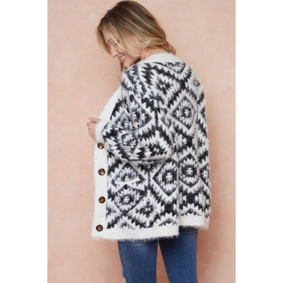 Ivory & Black Fuzzy Soft Eyelash Aztec Tribal Button Up Knit Cardigan Sweater