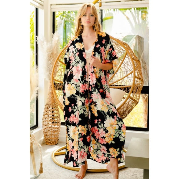 Black Tropical Hibiscus Floral Print Long Maxi Kimono Duster Wrap Coverup