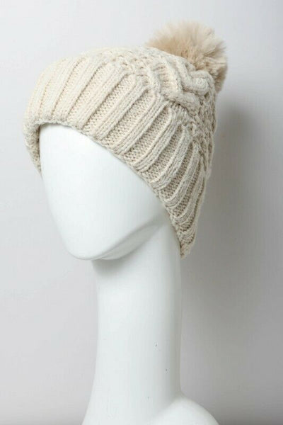Off White Cream Cable Knit Round Pompom Fleece Lined Beanie Womens Winter Hat