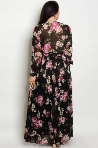 Plus Maxi Dress Floral Magenta Chiffon Sheer Wrap Print Long Sleeve Wrap Sweep