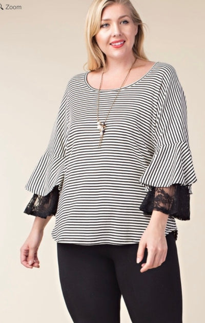 Vocal Plus Striped Top Blouse 3/4 Sleeve Lace Bell Ruffle Black Ivory
