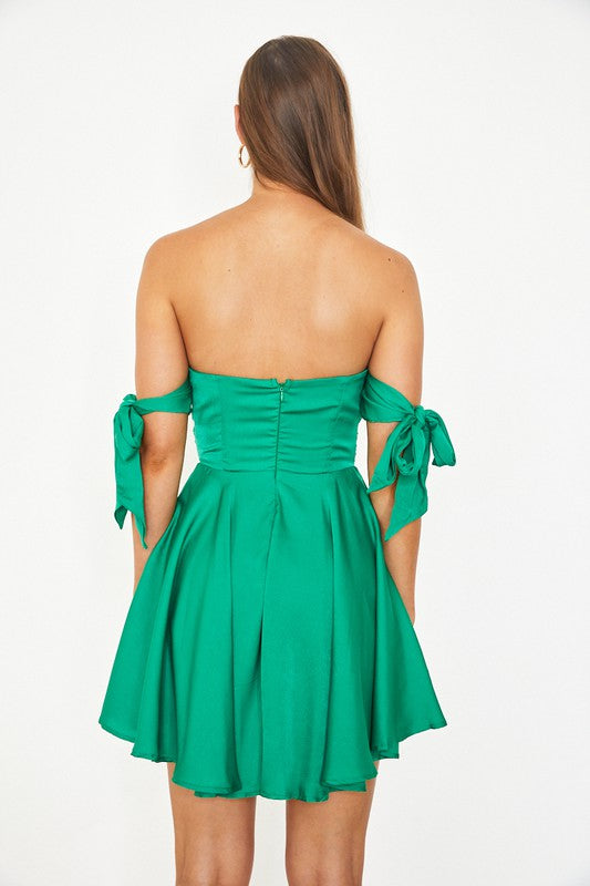 Jade Green Satin Off Shoulder Sweetheart Fit & Flare Cocktail Mini Dress