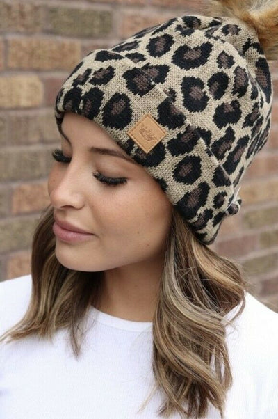 Leopard Animal Print Knit Pompom Winter Beanie Womens One Size