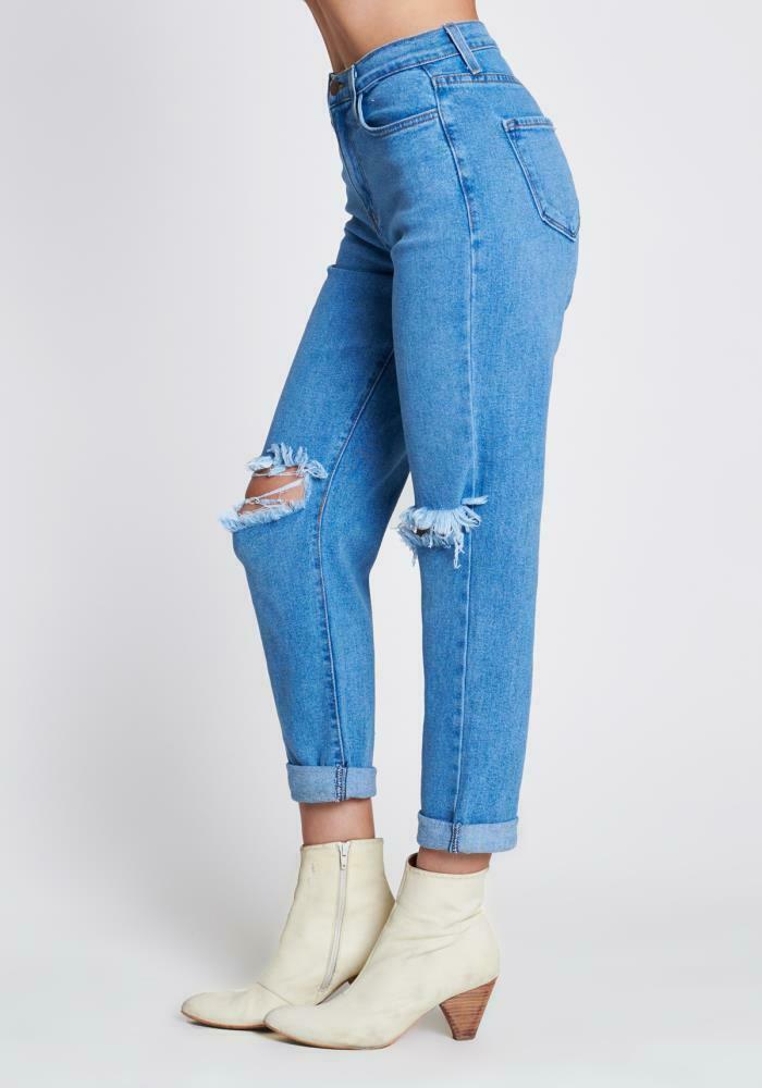 High Rise Busted Ripped Knee Mom Boyfriend Jeans Casual Womens