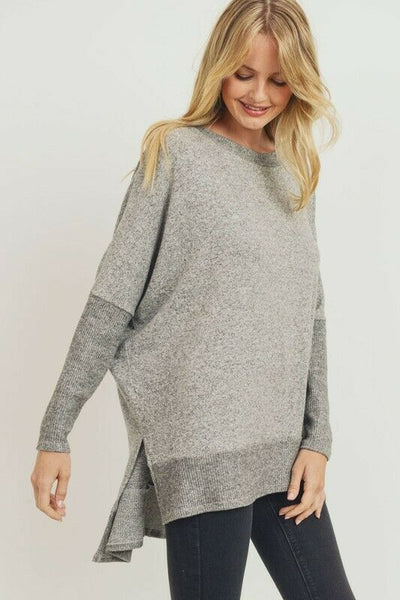Heather Gray Brushed Soft Knit Boxy Fit Side Slit Long Sleeve Tunic Top Womens